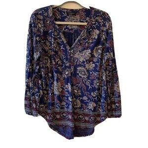 Lucky Brand Size Large Multicolor Paisley Print Split Neck Long Sleeve Blouse